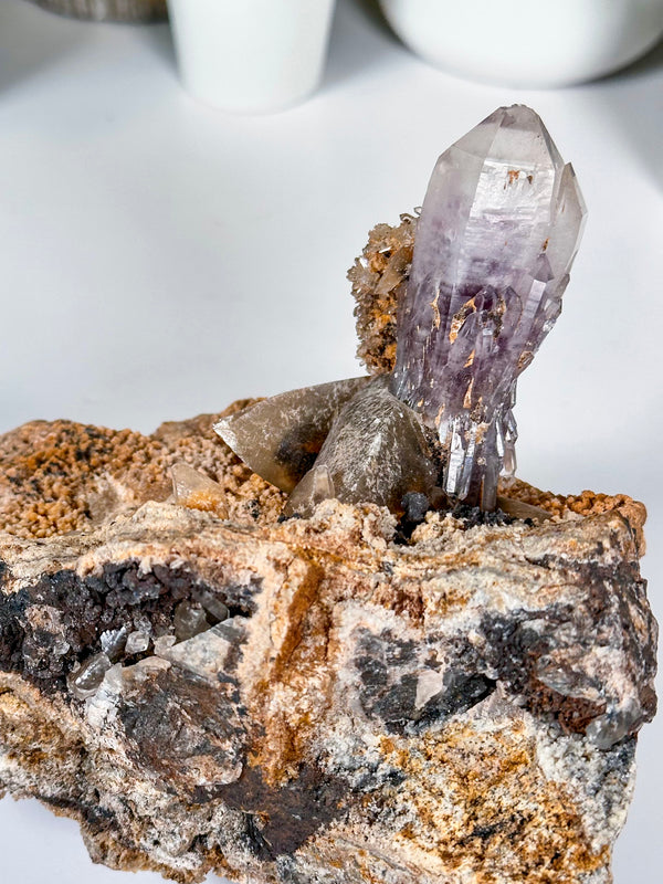 Old Stock (1980's) Guerrero Amethyst "Bowties" On Matrix with Dogtooth Calcite • Amatitlán, Eduardo Neri Municipality, Guerrero, Mexico