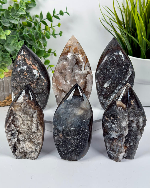 Druzy Quartz & Chalcedony Freeform Flame Carvings • Choose Your Own!