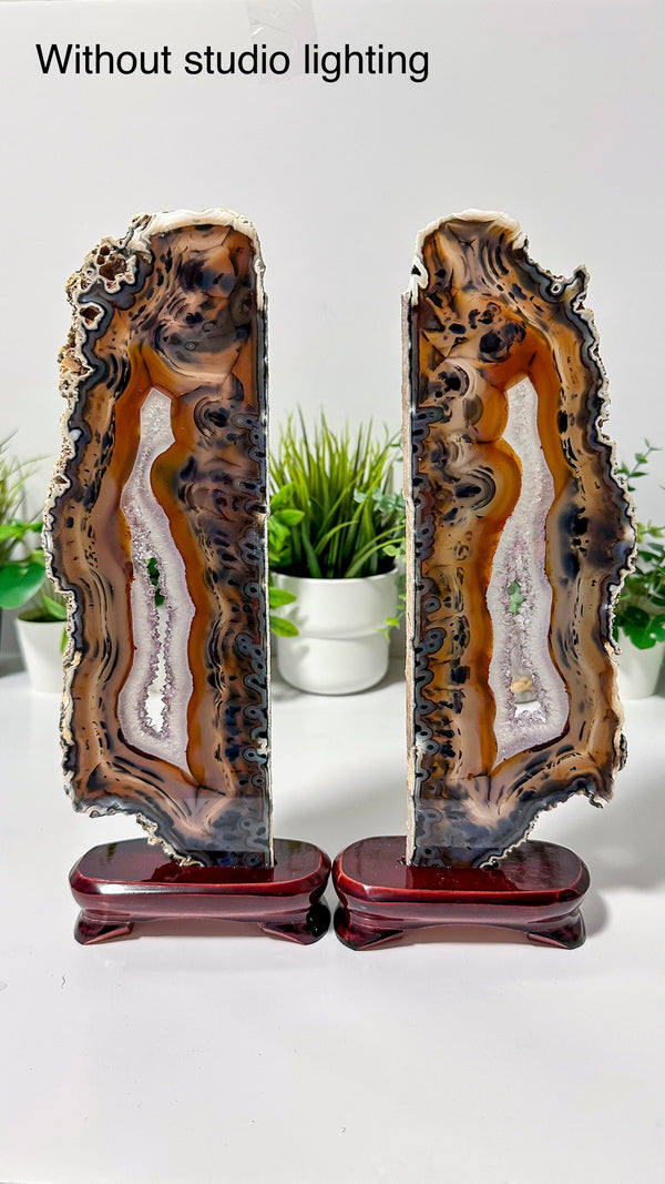 Agate Pair from Soledade, Rio Grande do Sul, Brazil • Top Quality Agate Display Slabs Set of 2 with Custom Wooden Stands