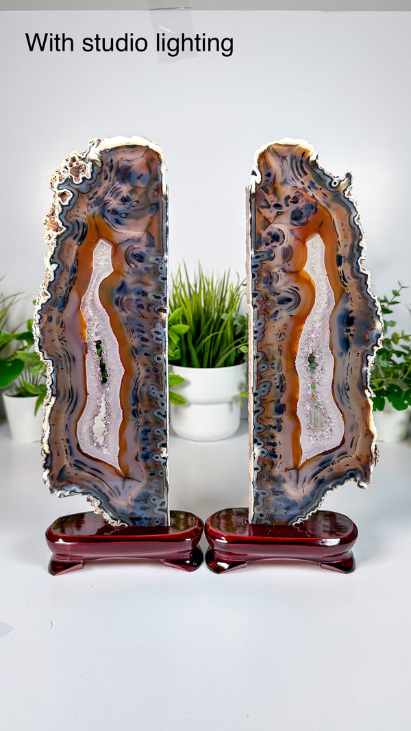 Agate Pair from Soledade, Rio Grande do Sul, Brazil • Top Quality Agate Display Slabs Set of 2 with Custom Wooden Stands