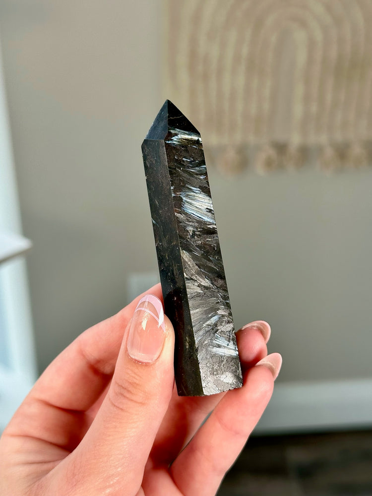 Arfvedsonite (AKA Firework Stone) Crystal Tower Point • ONE Intuitively Chosen Polished Natural Arfvedsonite Crystal Tower Obelisk