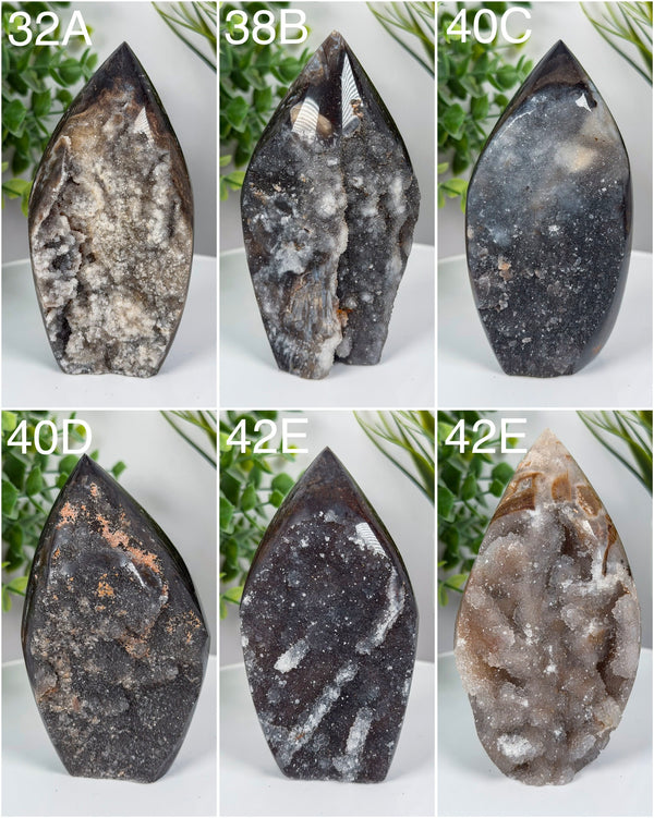 Druzy Quartz & Chalcedony Freeform Flame Carvings • Choose Your Own!