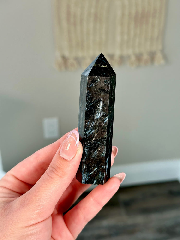 Arfvedsonite (AKA Firework Stone) Crystal Tower Point • ONE Intuitively Chosen Polished Natural Arfvedsonite Crystal Tower Obelisk