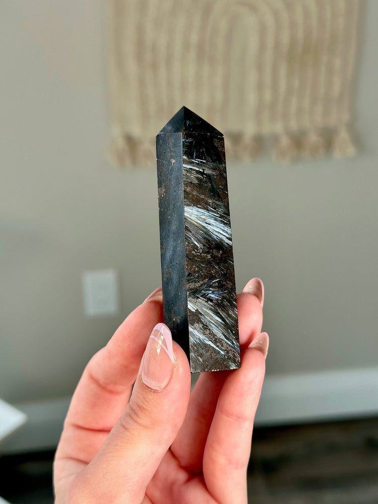 Arfvedsonite (AKA Firework Stone) Crystal Tower Point • ONE Intuitively Chosen Polished Natural Arfvedsonite Crystal Tower Obelisk