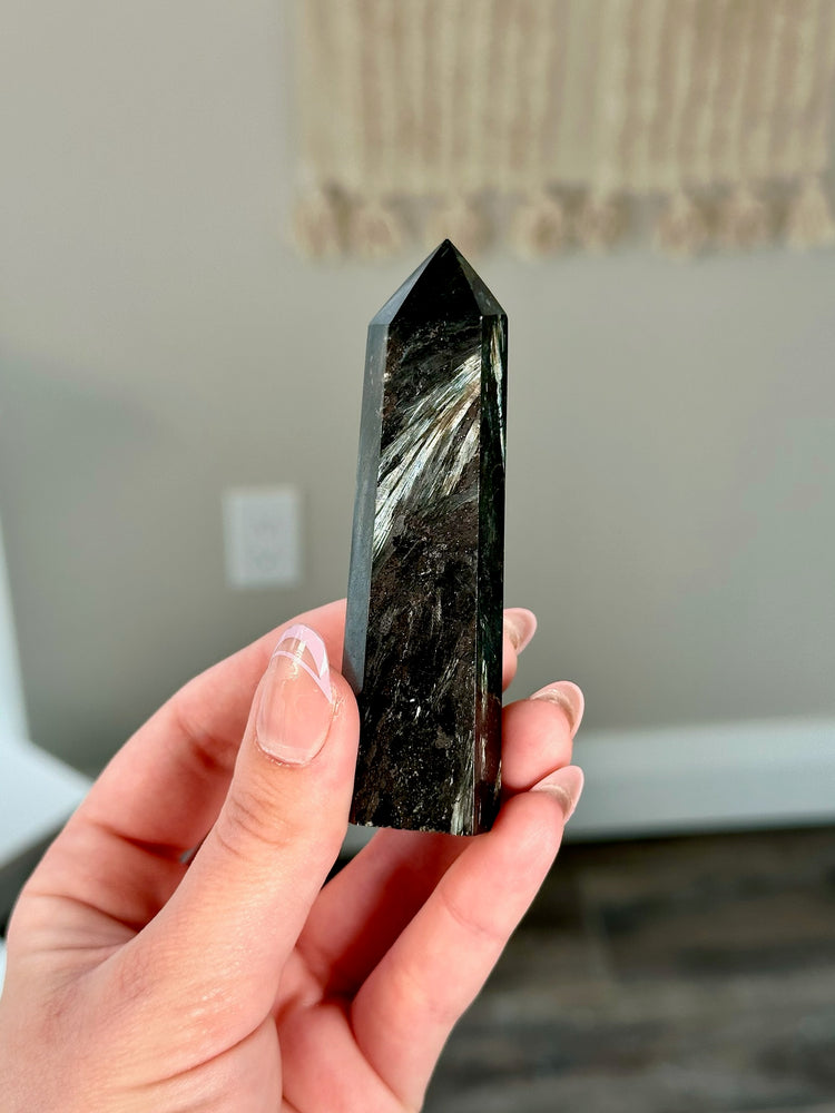 Arfvedsonite (AKA Firework Stone) Crystal Tower Point • ONE Intuitively Chosen Polished Natural Arfvedsonite Crystal Tower Obelisk