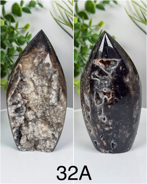 Druzy Quartz & Chalcedony Freeform Flame Carvings • Choose Your Own!