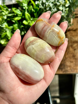 Intuitively Selected Pink Banded Calcite Palmstone