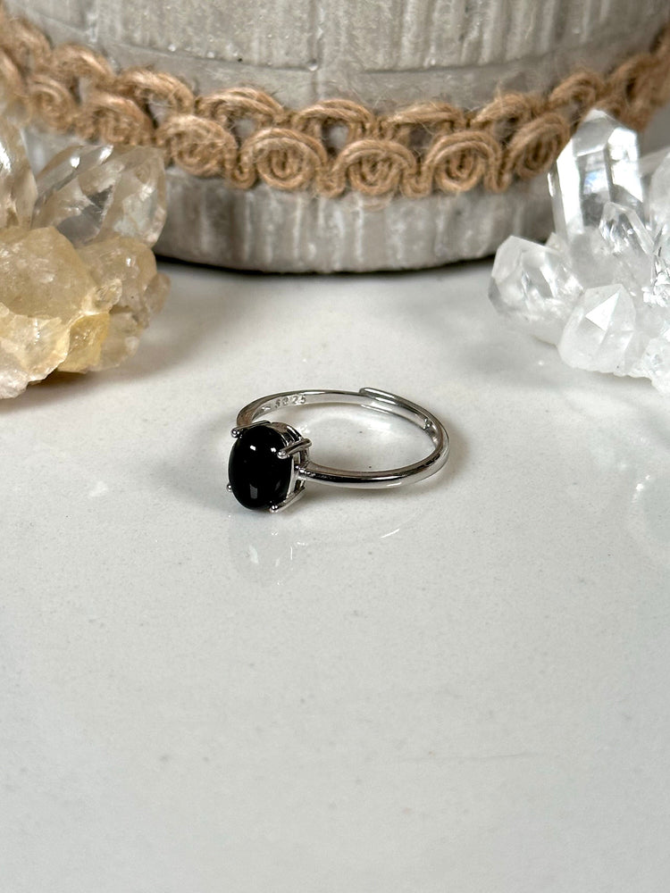 Black Onyx Ring  925 Sterling Silver Adjustable Black Onyx Crystal Ring  Dainty Oval Prong Set Black Onyx Natural Crystal Ring