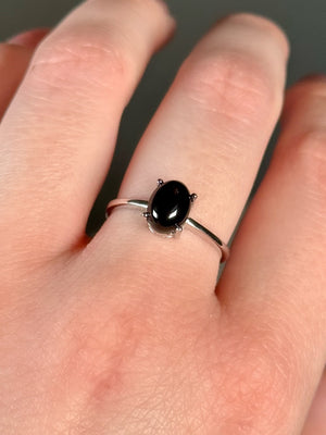 Black Onyx Ring  925 Sterling Silver Adjustable Black Onyx Crystal Ring  Dainty Oval Prong Set Black Onyx Natural Crystal Ring