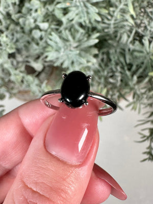 Black Onyx Ring  925 Sterling Silver Adjustable Black Onyx Crystal Ring  Dainty Oval Prong Set Black Onyx Natural Crystal Ring