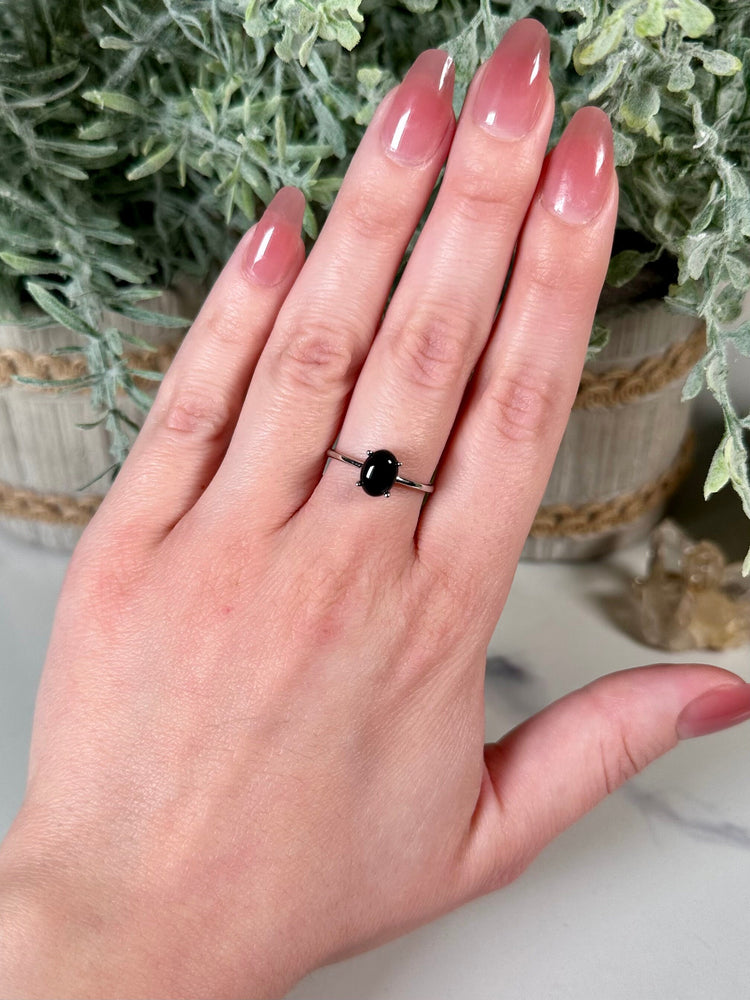 Black Onyx Ring  925 Sterling Silver Adjustable Black Onyx Crystal Ring  Dainty Oval Prong Set Black Onyx Natural Crystal Ring