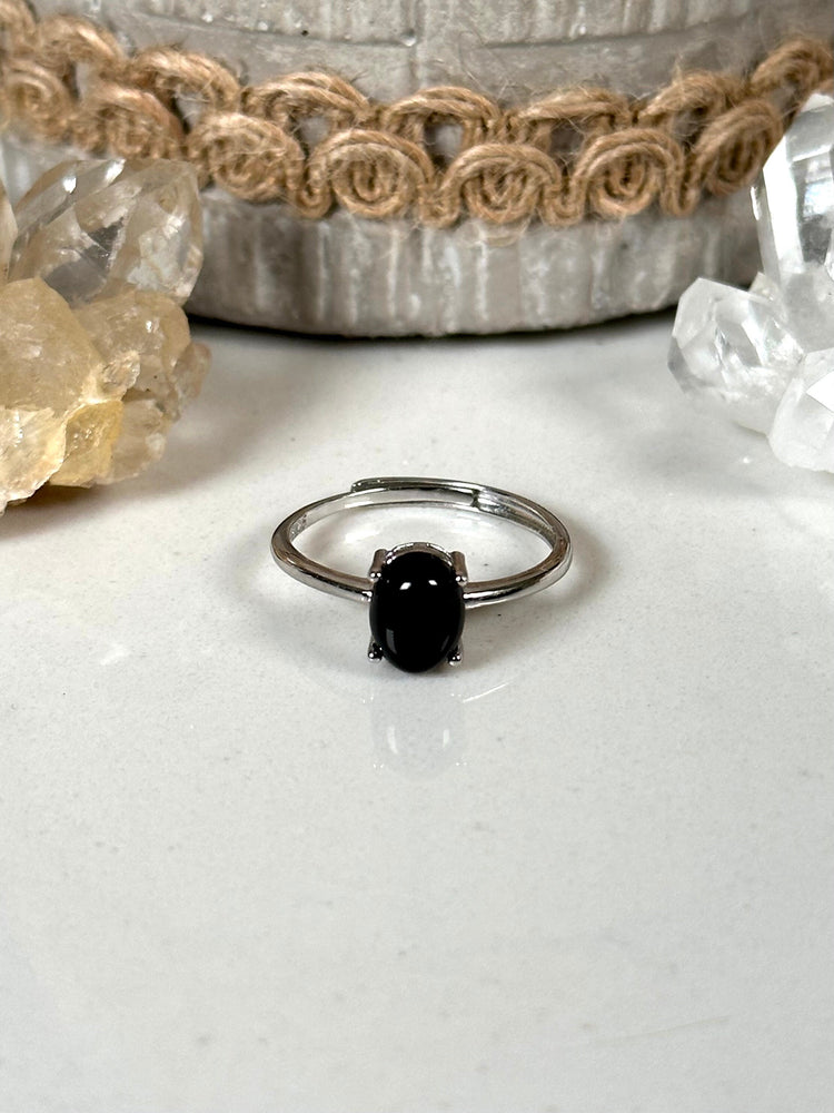 Black Onyx Ring  925 Sterling Silver Adjustable Black Onyx Crystal Ring  Dainty Oval Prong Set Black Onyx Natural Crystal Ring