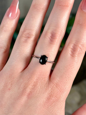 Black Onyx Ring  925 Sterling Silver Adjustable Black Onyx Crystal Ring  Dainty Oval Prong Set Black Onyx Natural Crystal Ring